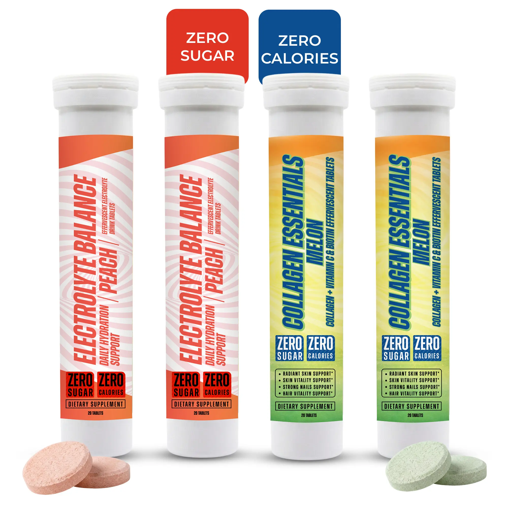 Collagen Peptides Effervescent Tablets (4 Tubes, 80 Tablets) - Peach-Melon Combo, Vitamin C, Hydration Electrolytes, Beauty Products Support for Skin Hair Nails, 0 Sugar, Energy Boost