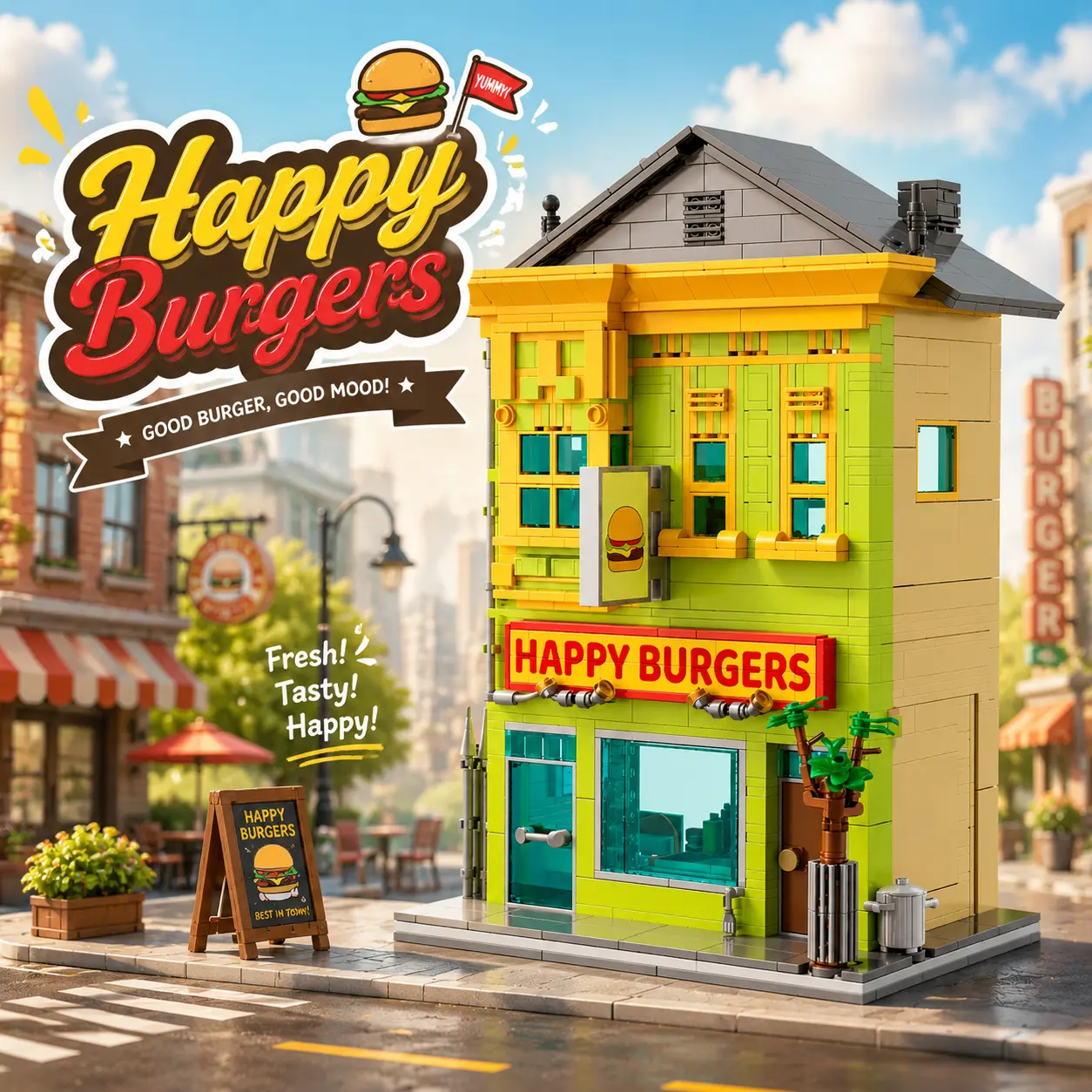 Happy Burgers of Bob  Building Blocks Set (1222 pcs) - Fun DIY Food Shop Toy Kit with Vintage Details, Ideal Halloween Gift for Kids, Teens, Foodie Fans & Collectors