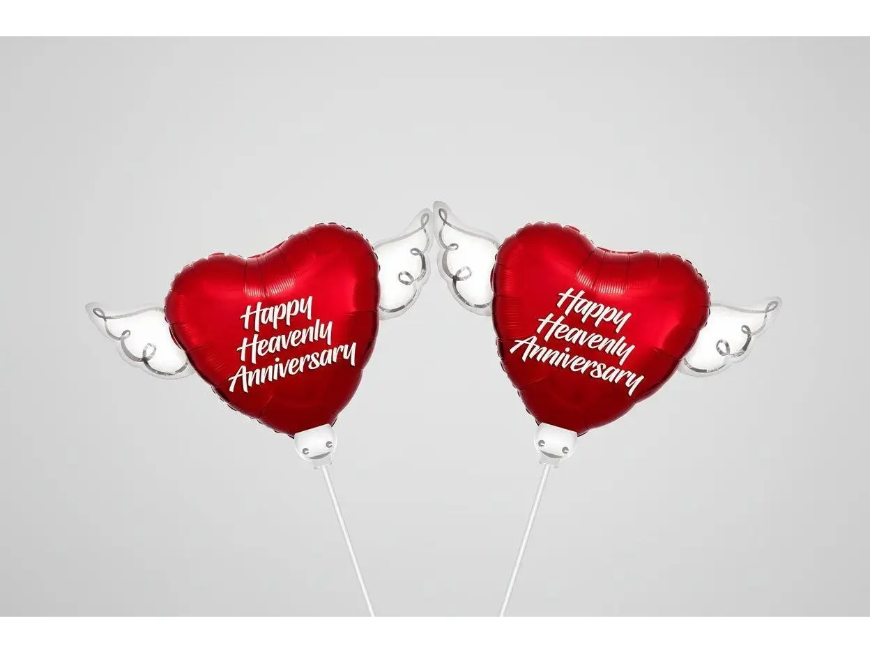 Happy Heavenly Anniversary Memorial Balloon on a Stick 8" – Heart with Angel Wings | 2-Pack
