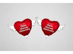 Happy Heavenly Anniversary Memorial Balloon on a Stick – 8" Heart Shaped with Angel Wings | Graveside Tribute | 2 Balloons, 2 Sticks & 2 Clips