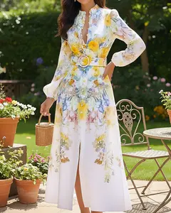 Live Only ChicMe French Style Floral Print Stand Collar Lantern Sleeve Button Down Evening Dress Cinched Waist Vacation Dress with Belt