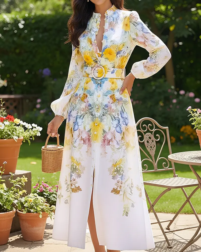 Live Only CHICME French Style Floral Print Stand Collar Lantern Sleeve Button Down Evening Dress Cinched Waist Vacation Dress with Belt