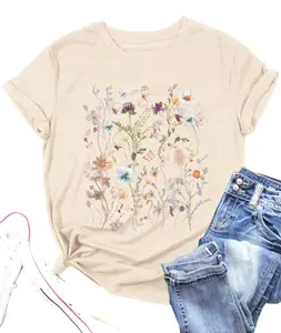 LOTUCY Women Boho Flower T Shirt Vintage Floral Graphic Shirt Botanical Tee Wildflowers Shirts Garden Lover Top Casual Womenswear Fitted Crewneck