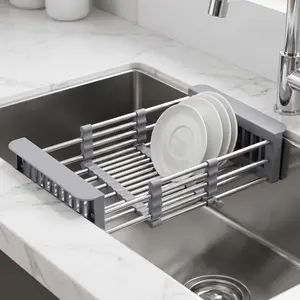Kitchen Sink Organizer, Expandable Over Sink Rack for Fruits & Vegetables, Stainless Steel Dish Drying Rack, Space Saving