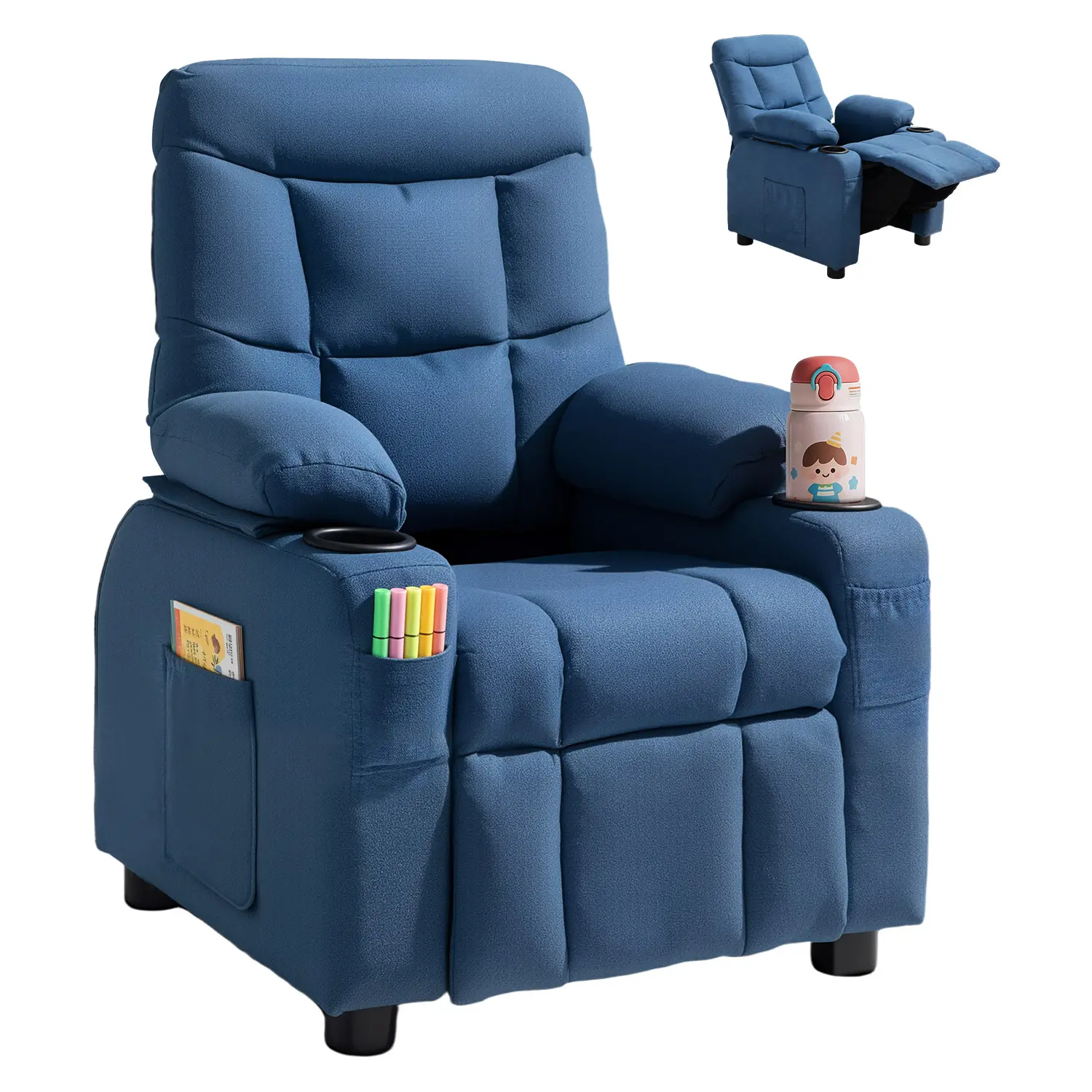 VEVOR Kids Reclining Chair,  , Toddler Recliner with Cup Holders and Pockets, 107° to 126° Adjustable Backrest, Breathable Polyester Fabric Recliner Couch with Footrest, for Boys & Girls, Children(Blue)