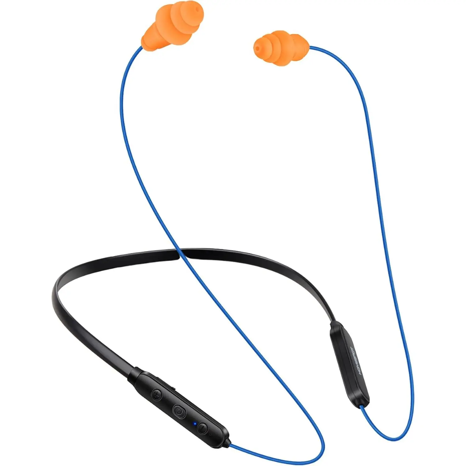 Noise Reduction  Neckband Headphones with Qualcomm aptX HD, 27dB NRR, CVC Noise Cancelling Mic & Controls and 20H Playtime for Work Safety OSHA Compliant - Blue Wire Orange Earbuds