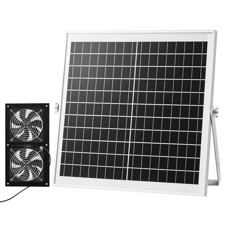 VEVOR Cordless Solar Powered Fan with 15W Adjustable Solar Panel Angle, 2 Fans, 2668 RPM High-Speed, Leaf-Guard Metal, 45 dB Low Rumble, Humidity-Safe, Bracket & Cable Ties for Flexible Installation, Greenhouse Use