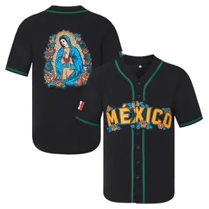 Mexico Guadalupe Embroidered V-Neck Baseball Jersey,Men's Gift,Button Short Sleeve Sports Jersey,Loose Breathable Soft Comfort,Gift for Game Day