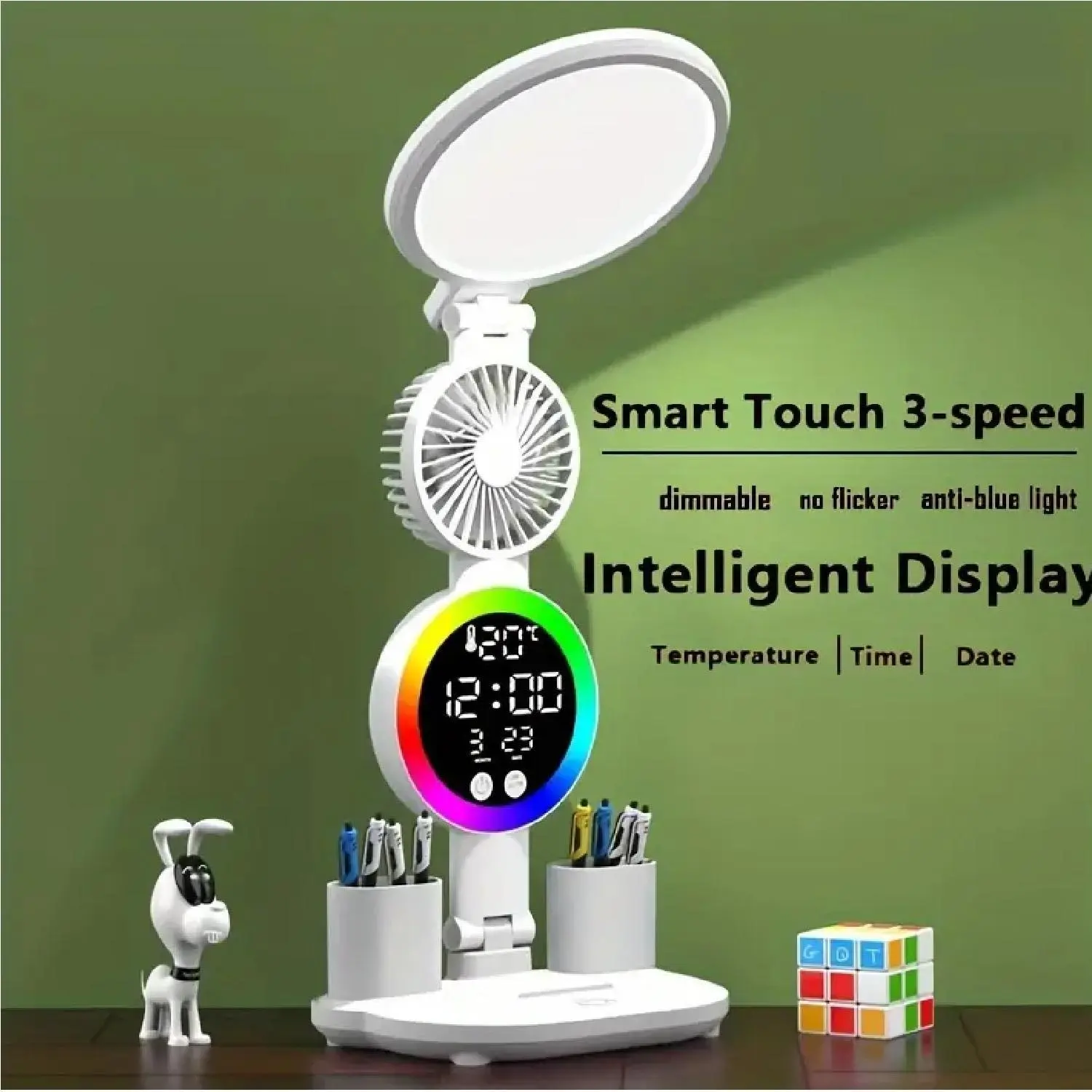 Ambient LED Desk Lamp - 360° Swivel Adjustable Desk Accessory, USB Charging, Touch Control, 3-Speed Fan, Intelligent Temperature & Time Display, Ideal for Dorms, Bedrooms, Adjustable 360° Swivel Desk Lamps