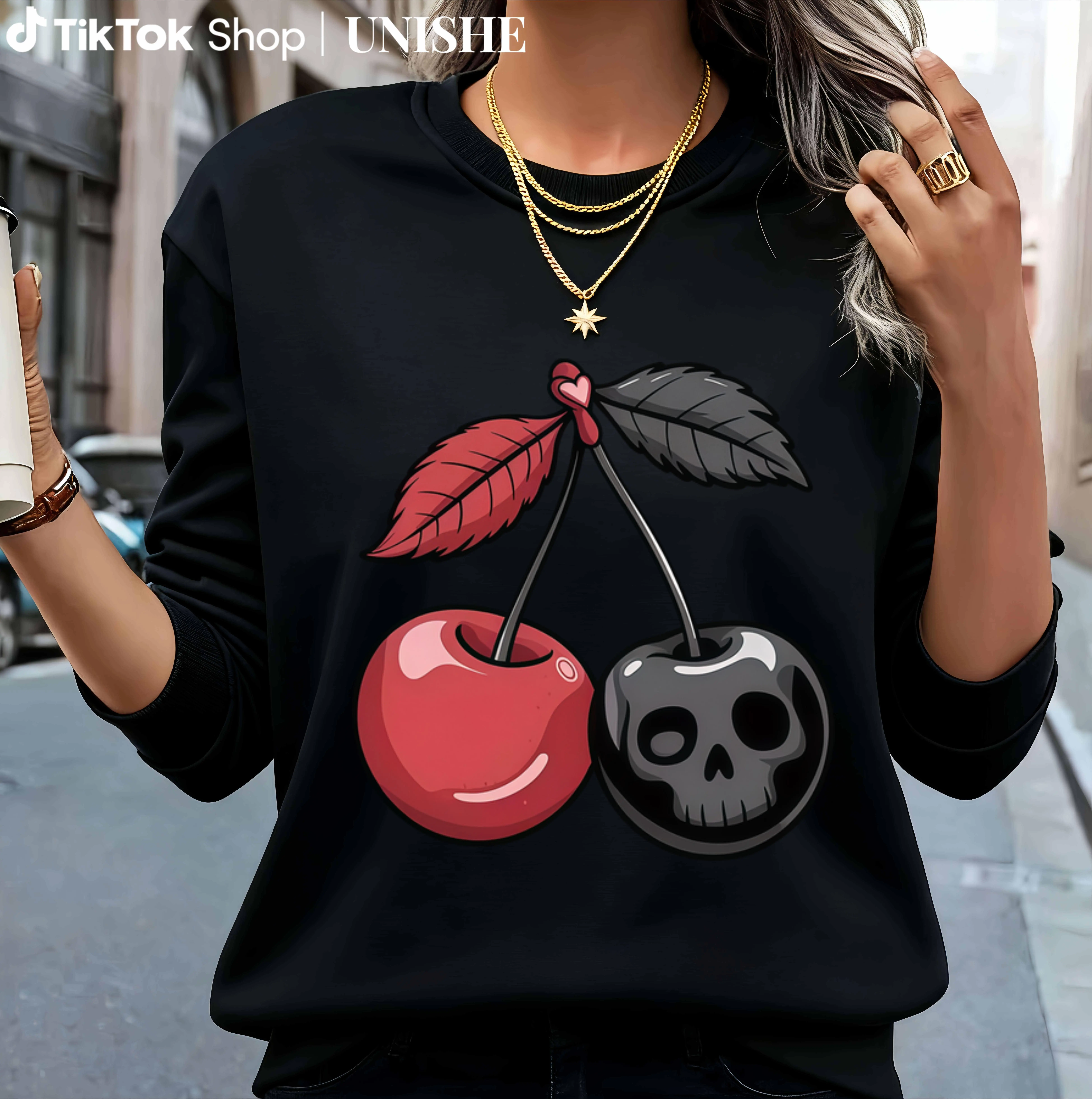 Women's Cherry Skull Long-Sleeve Sweatshirt with Bold Design, Sweatshirts for Women Ideal for Music Events