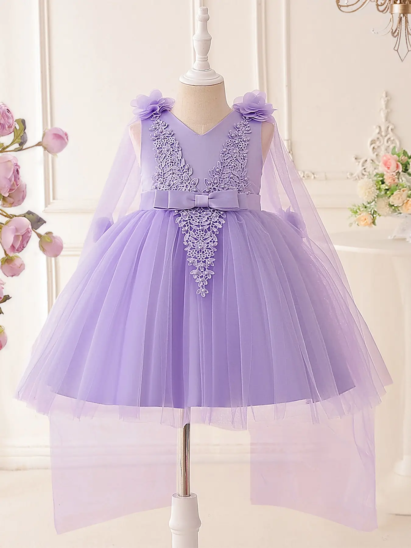 Floral Design Girls Princess Dress Embroidery Pearl Decoration Elegant Dress Suitable for Prom Birthday Party Wedding Flower Girl