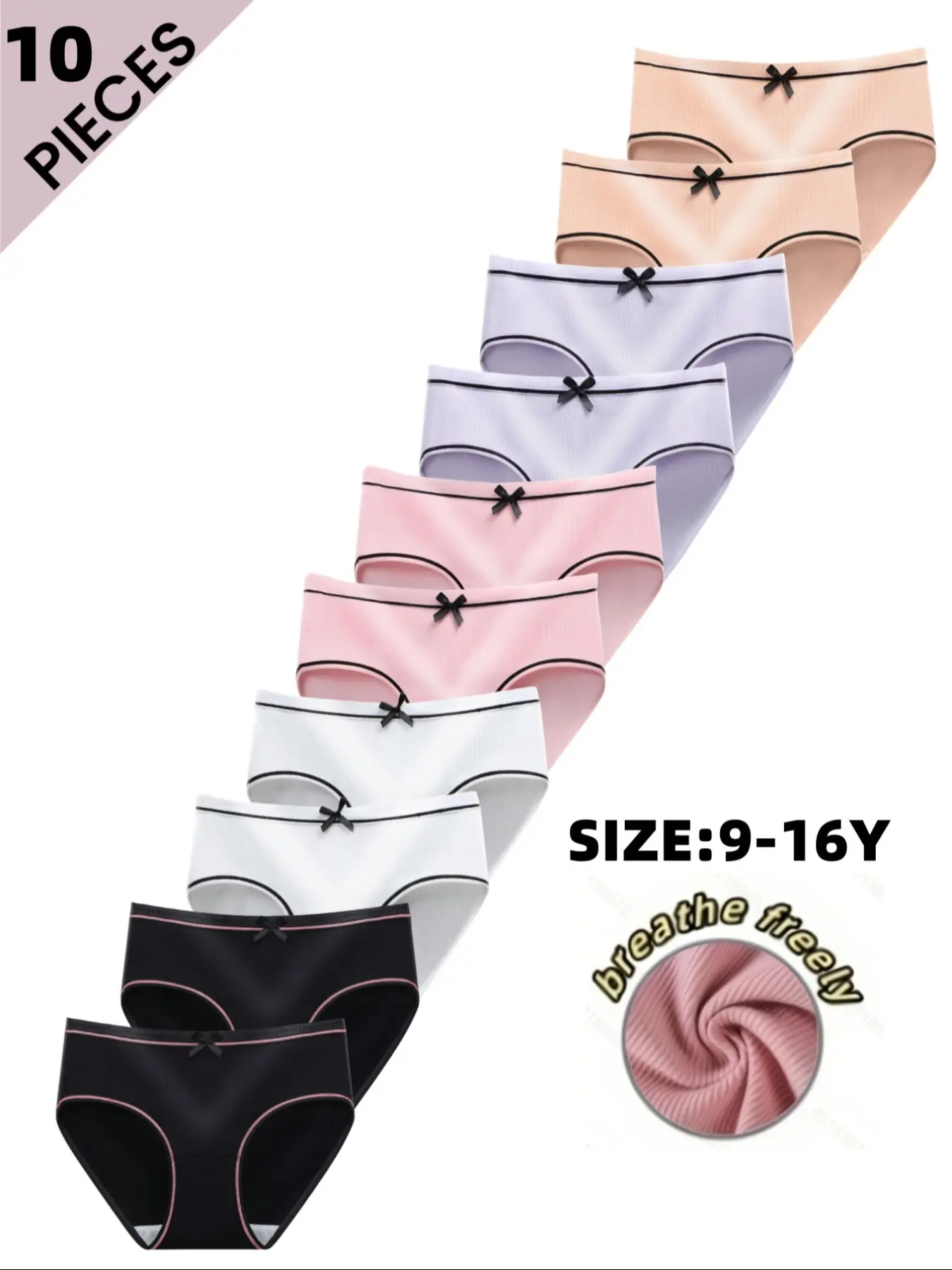 10 Pack Cute Bowknot Girls Breathable Comfort Triangle Underwear, Casual Teenage Student Undies, All Seasons Wear, Plain Style, Youth Underwear, Casual Soft Panties