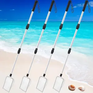 4 Pcs 22-42 Inch Shark Tooth Sifter Sand Sifter Beach Scoop Shovel with Adjustable Long Metal Handle, Square Gray Shell Scooper for Seaside Grooming Seashell Collecting Hunting