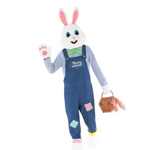 Mascot Morph Adult Deluxe Rabbit Mascot Outfit with Blue Overalls and Happy Easter Patch for Easter Bunny Costume
