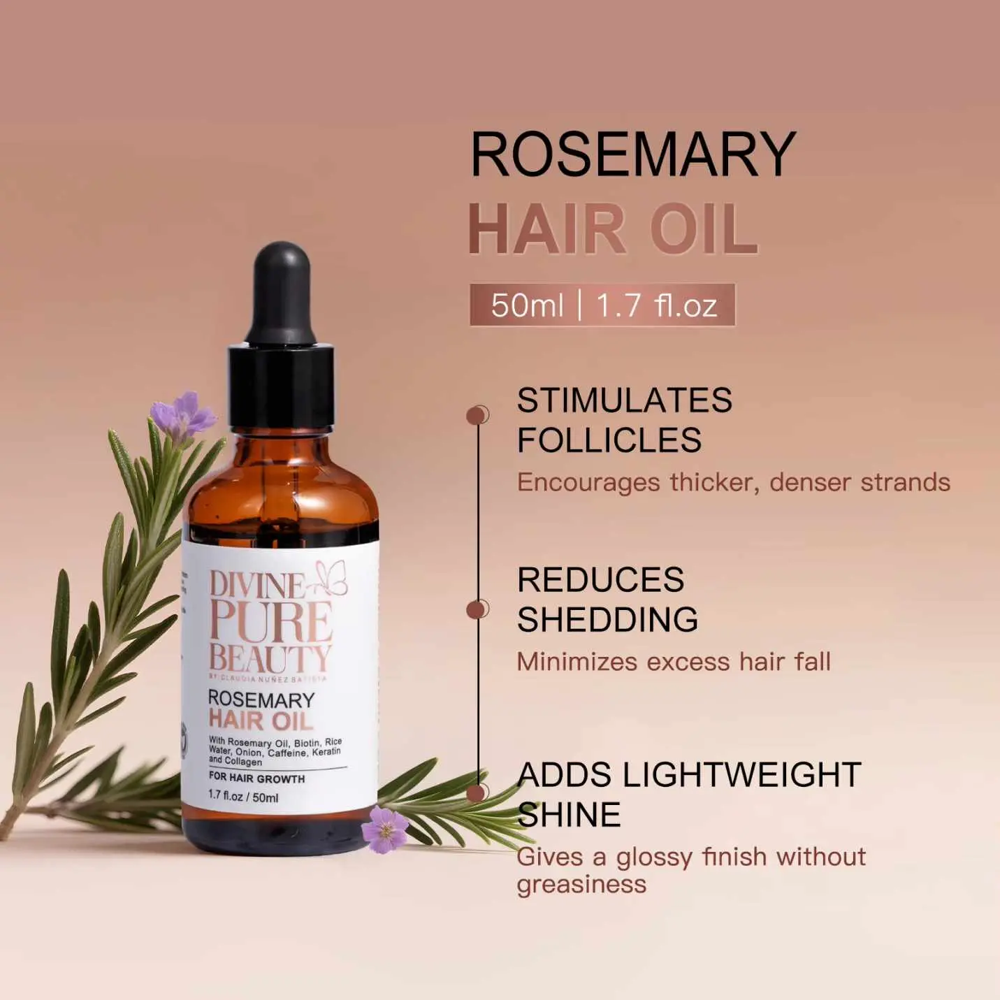 Divine Pure Beauty Scalp Growth Oil with Rosemary, Rice, Tea Tree - Nourishing Scalp Treatment for Smooth, Silky Hair, Haircare, Us, Caffeine, Promotes Growth, Adults, Natural Blend, Alinum Cepa (Onion) Bulb Extract