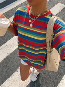 Rainbow Striped Oversized T Shirt Pullover Women, Y2K Vintage Multicolor Color Block Short Sleeve Top, Loose Fit Casual Streetwear Tee, Trendy Retro Summer Outfit for Vacation Daily Commute #springsaledeals2026 #summeroutfits #tiktokshopmademebuyit