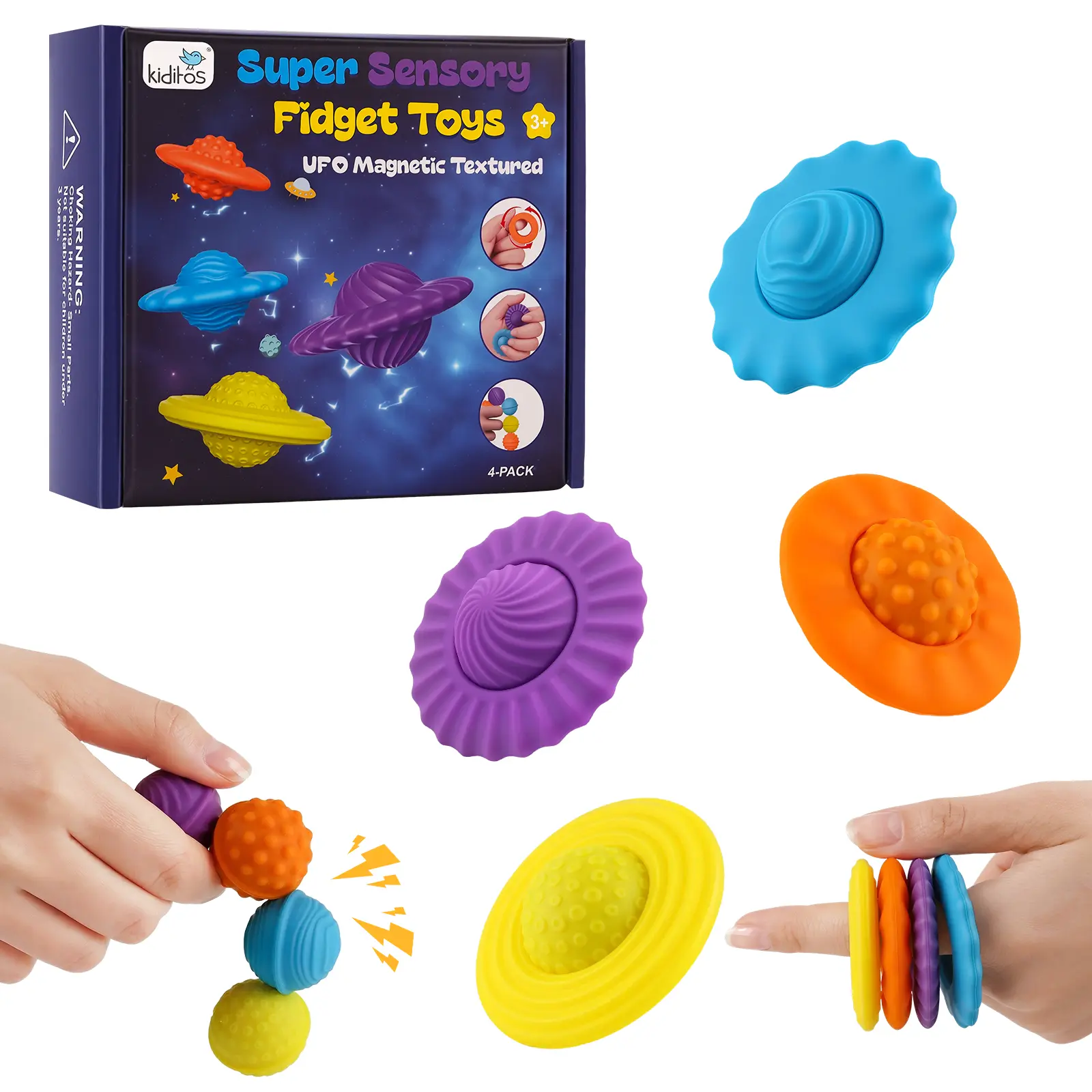 Kiditos UFO Magnetic Balls Fidget Toys, 4PCS Silicone Magnetic Sensory Toy Set with Textured Rings, Stress Relief Quiet Desk Toys for Kids & Adults, Portable Travel Fidget Toy for Calm & Focus