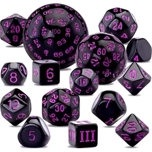 15-Piece Durable Polyhedral Dice Set - D3 to D100 Complete Game Dice with Leather Drawstring Storage Bag, for Role-Playing Table Games (Black & Purple)