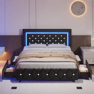Twin/ Full/ Queen Bed Frame With Drawers, Upholstered Bed Frame With LED Lights, Modern Platform Bed Frame With Headboard And Footboard, Diamond Tufted Design, No Box Spring Needed, White/ Pink/ Black/ Purple/ Yellow (Twin Size 2 Drawers/ Other Size 4 Dra