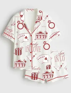 Lucky in Love Casino Satin Pajama Set, Las Vegas Martini Bachelorette Sleepwear, Fun Vacation Loungewear Gift