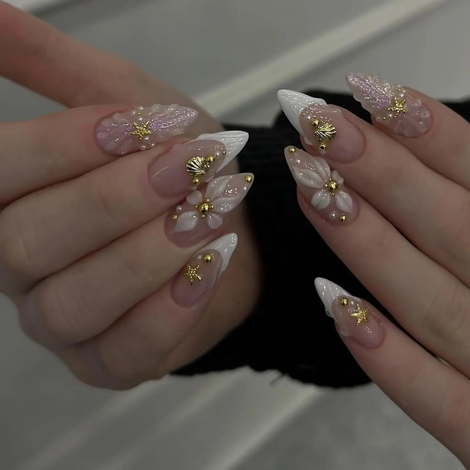 Halloween Fall Gift Medium Almond French Tip Press On Nails – 3D Embossed Flower, Seashell & Starfish Design Glossy Full Cover Acrylic Fake Nails