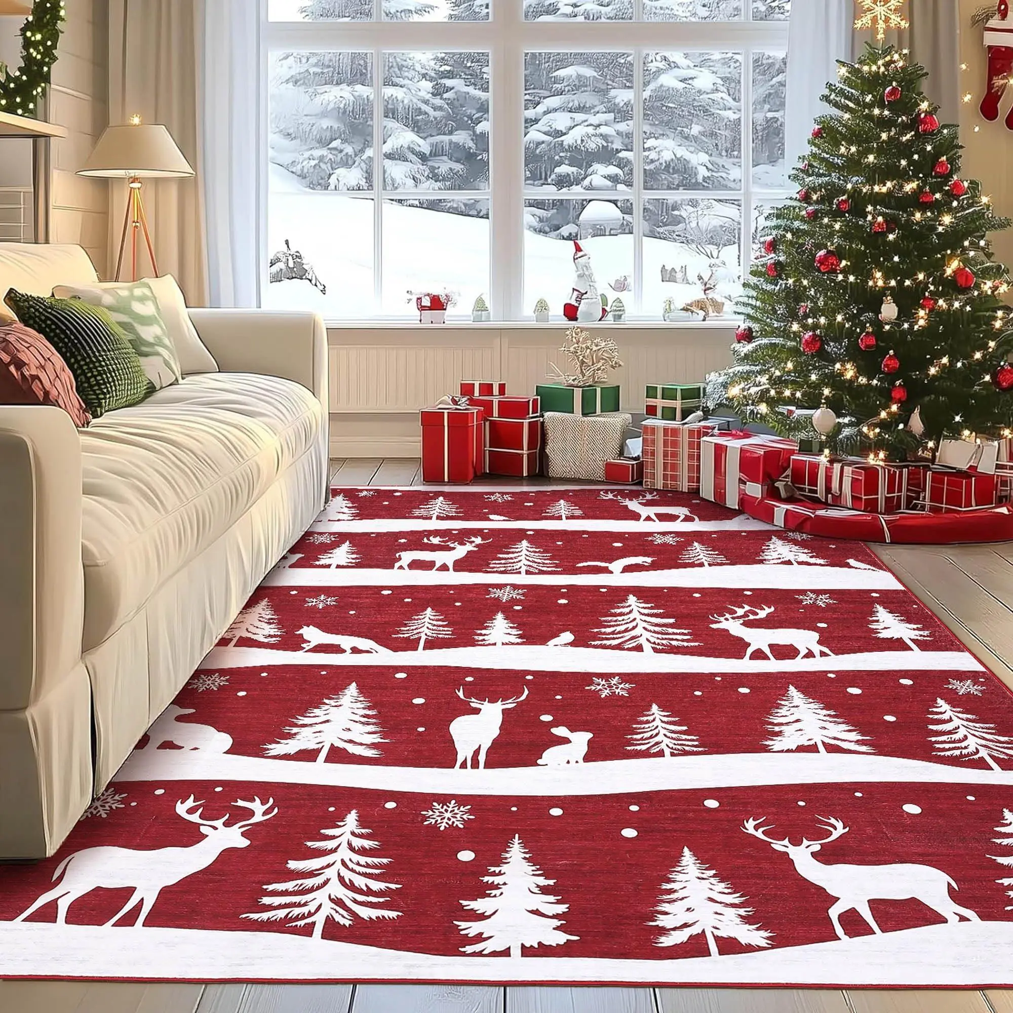 Red 6x9 Runner Rug,Indoor Non Slip Carpet,Soft Low Pile Christmas Rugs with Xmas Tree Reindeer Snowflake for Kitchen,Entryway,Living Room,Bedroom