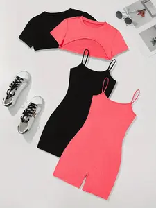 Women's 2-Piece Casual Solid Matching Coord Set: Cropped Round-Neck Knit Tee & Minimalist Jumpsuit Summer-Ready Outfit