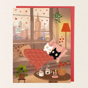 Cozy Cats Love Card | Cute Cat Greeting Card | Romantic Cat Illustration | A2 Card with Red or Kraft Envelope