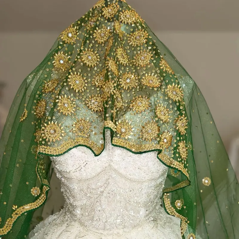 Nikah Green Shall - Elegant Bridal Veil with Gold Embroidery and Beaded Details for Traditional Weddings