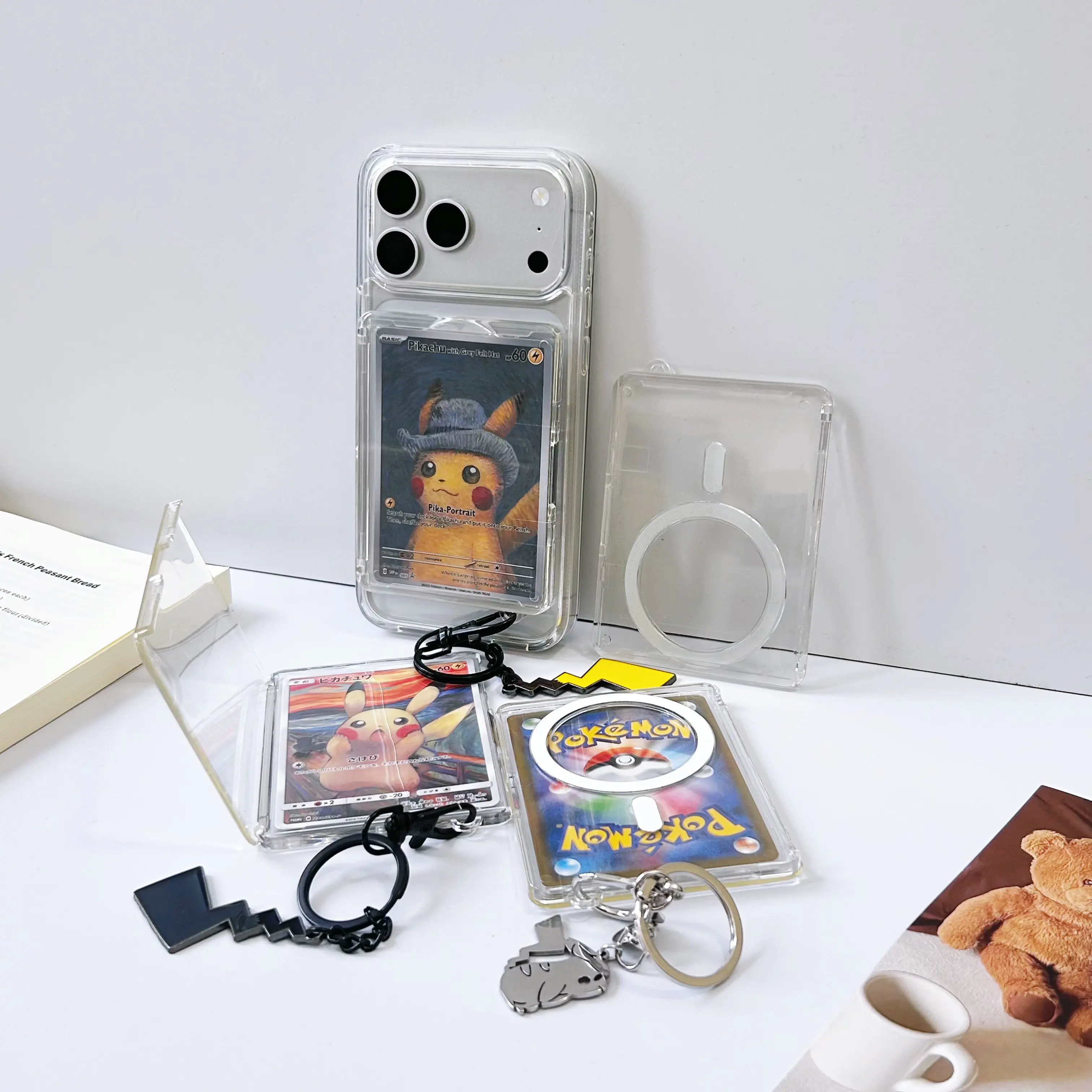 Transparent Magnetic Flip Trading Card Phone Holder – Fits Pokémon, MTG & Standard TCG Cards – 63 × 88 mm Card Size – Works with MagSafe-Compatible iPhone & Magnetic Phone Cases