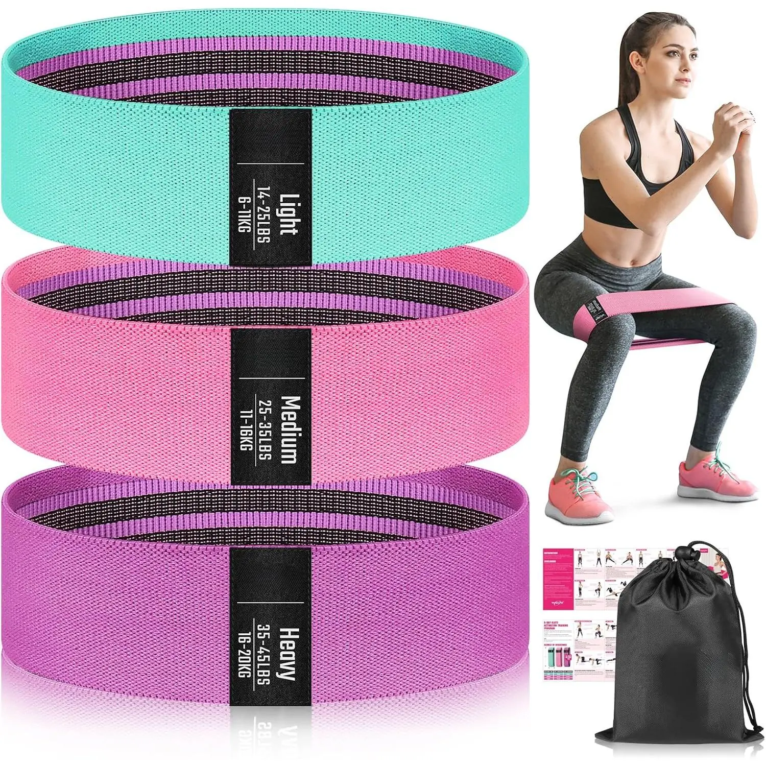 Durable Elastic Bands - 3 x Walito Resistance Loop Bands, Durable Elastic Fabric Workout Equipment with Light-Medium-Heavy Levels, Starter Home Gym Kit for Yoga, Rehab, Women's Men's Legs & Butt Training