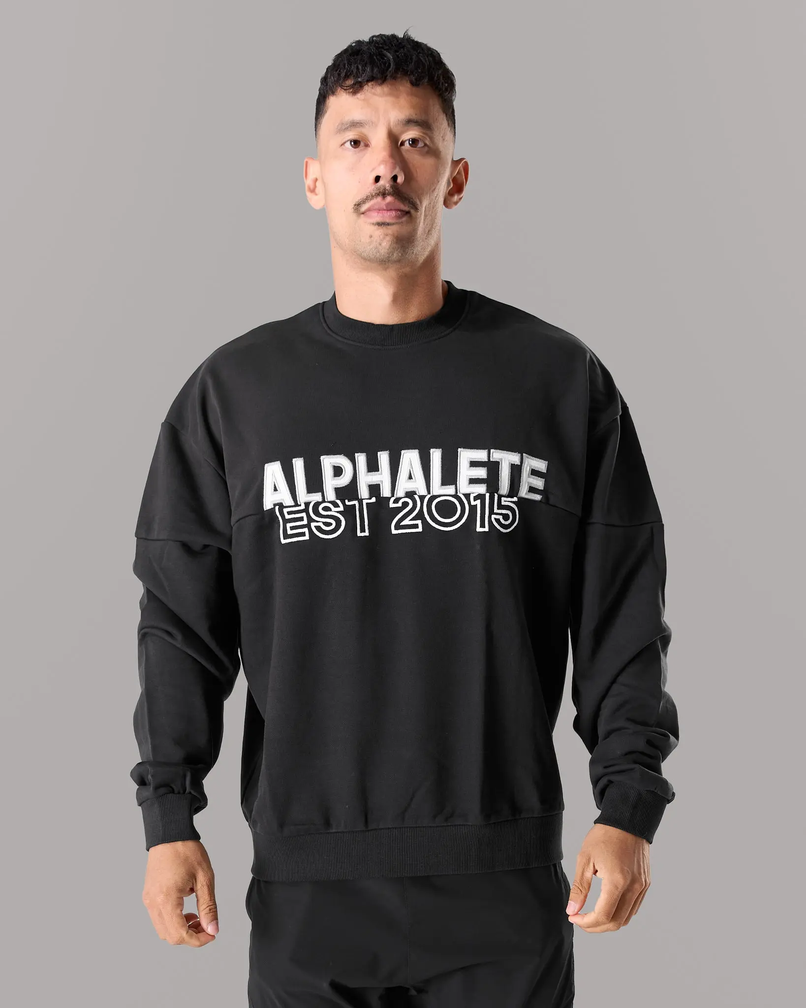 ALPHALETE Men's Oversized Casual Split Crewneck Sweatshirt - Black, Jersey Fabric Menswear