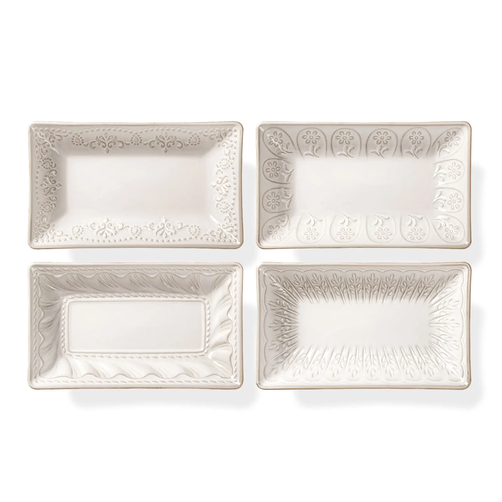 Sturdy Durable 4-Pc 8.25in 15oz Deep Rectangular Ceramic Appetizer Plates - Textured Rim, Multiple Patterns, Oven-Microwave-Dishwasher Safe Kitchen Tableware for Appetizers, Dessert
