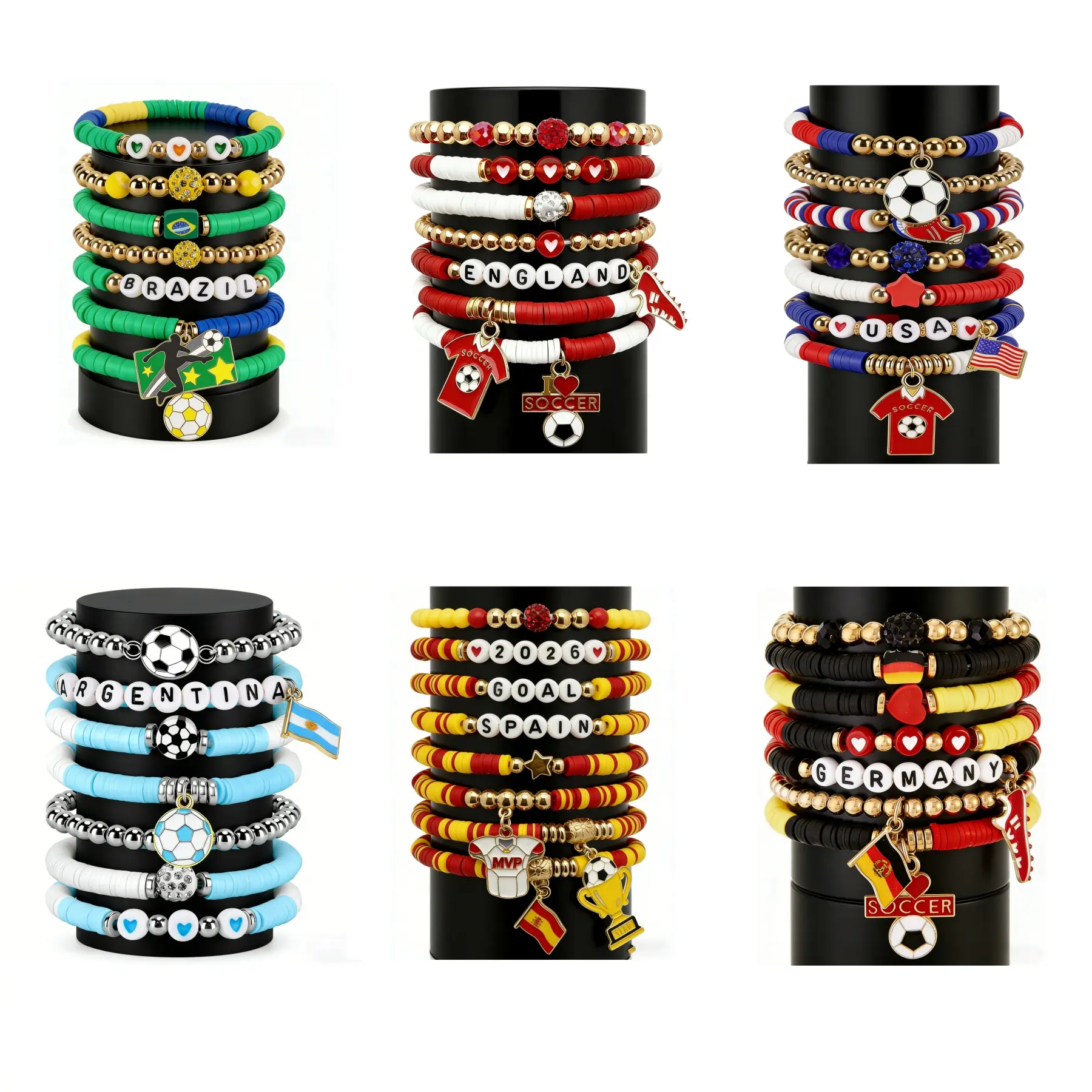 Beaded Bracelet Pack for Women, 7-Piece Stackable Soccer Charm Jewelry Bracelet, Elastic Game Day Accessories