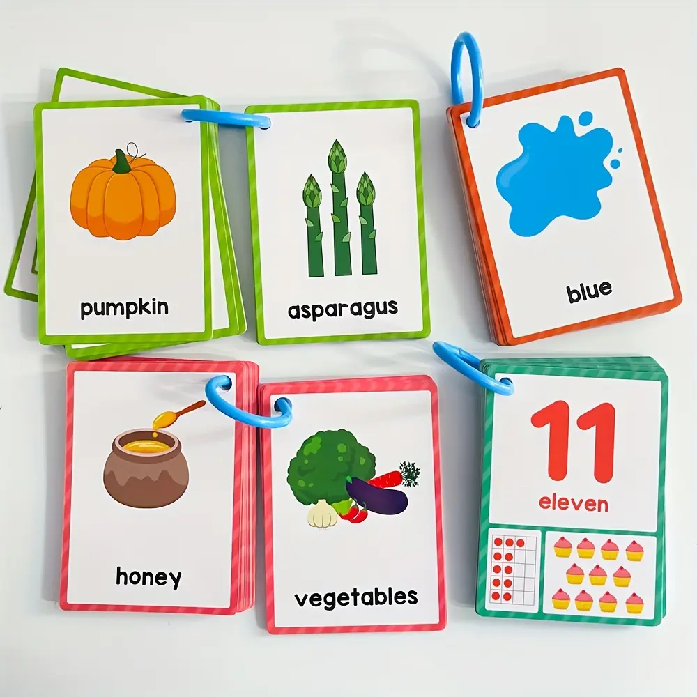 Children's Educational Flashcards |         Brightly Colored, Covers Shapes, Numbers, Fruits, Vegetables & Food Vocabulary with English Labels, Durable Paper Learning Materials, Perfect for School Use
