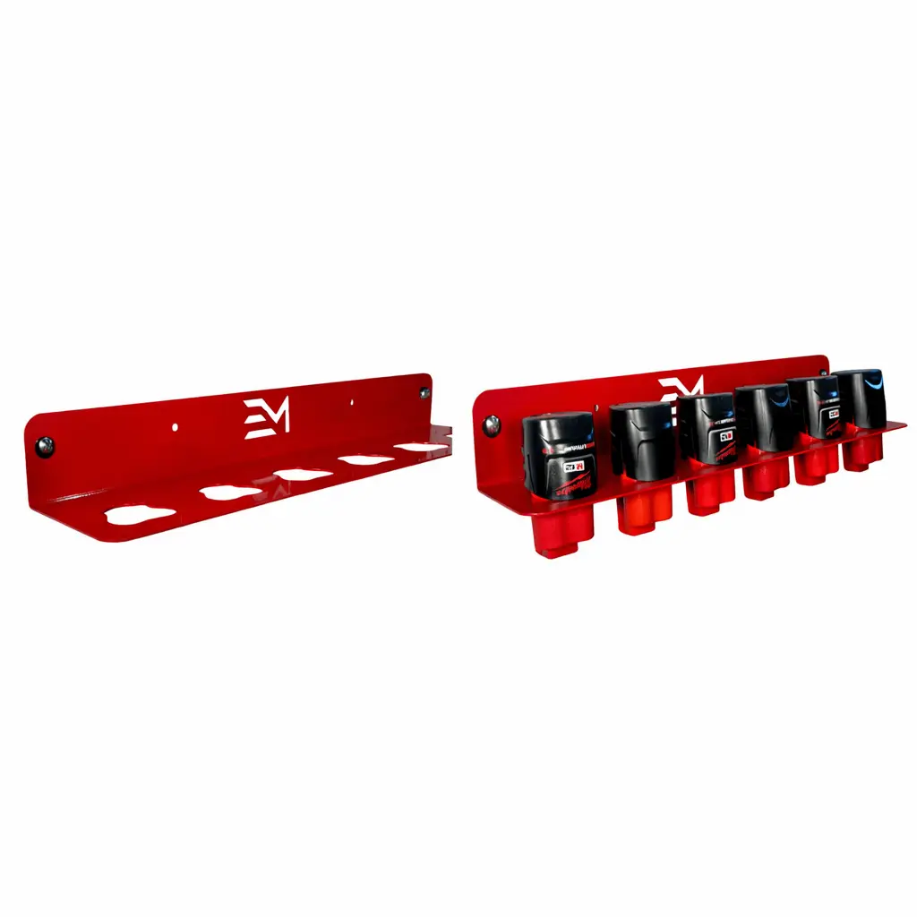 Battery Holder - Compatible with Milwaukee 12v Battery - Rust-Resistant Red Powder Coat Finish, Wall-Mounted Rack for 6 Batteries, Heavy-Duty Steel, Made in USA