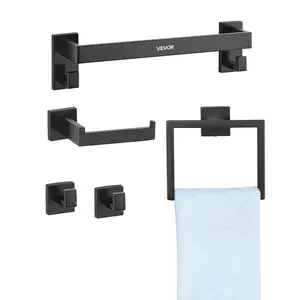 VEVOR Matte Black Bathroom Hardware Set,  , 5 Pieces Bathroom Accessories Set, Stainless Steel 16 inch Towel Bar, Towel Rack, 2 Robe Towel Hooks, Toilet Paper Holder for Bath Room, Wall Mounted
