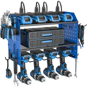 Power Tool Organizer with  Station, Heavy Duty 4 Layer Drill Holder Wall Mount Garage Shelf Rack with 6 Outlet Power Strip, Tool Shelf with Hooks, Drill Bit Rack for Garage, Blue