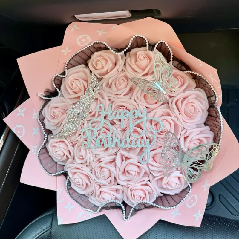 Blush Pink Couture Happy Birthday Eternal Bouquet With Crown Butterflies and Pearl Trim -Perfect gift for Birthday, Graduation, Anniversary, or “Just Because”