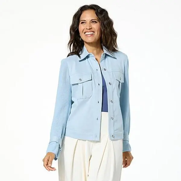GREY by Jhoan Sebastian Grey Knit Denim Jacket w/Mesh Sweater Sleeve