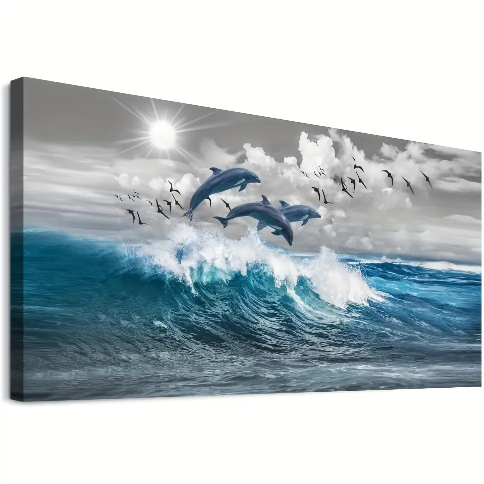Canvas Walls Dolphin Wall Art - Blue Wave Design - Canvas Art Print - Frameless - For Living Room & Bedroom Decoration - Perfect Eid Al-Adha Mubarak Gift Poster Ornaments Photo Artistic wall decor