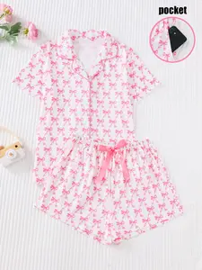 Women's Two-Piece Sleepwear Set, Premium Satin Fabric, Smooth Comfortable Loose Fit, Button Short Sleeve Top & Shorts, Elegant Cute Ladies' Pajamas, Pjs, Womenswear, Loungewear, Print, Elegance