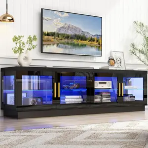 70IN LED TV Stand for 85/80/75 inch TV, Modern High Gloss TV Stand with Glass Display Storage Cabinet, TV Cabinet Entertainment Center Media Console for Living Room,Brown/Black