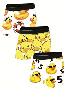 Men's Multicolor Cartoon Rubber Duck Print Swim Trunks, Pack of 3, Knitted Fabric, Medium Stretch, Basic Style, No.5 Design