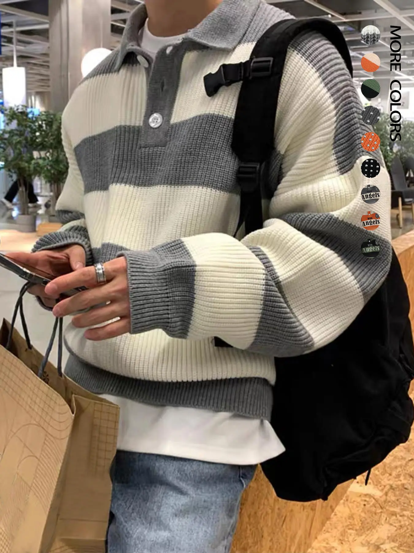 Men's Patchwork Print Long Sleeve Half-Button Knitted Polo Sweater Pullover, Loose Casual Chic Knitwear Drop Shoulder Collared Jumper for Fall & Winter, Men's Knitwear for Daily Wear