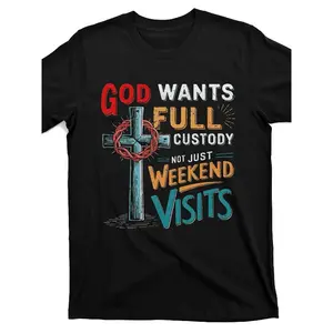 Men's Christian Faith T-Shirt "God Wants Full Custody Not Just Weekend Visits" - Religious Saying with Cross & Bible Verse Design, Casual Crew Neck Short Sleeve, Black with Red/Teal Lettering