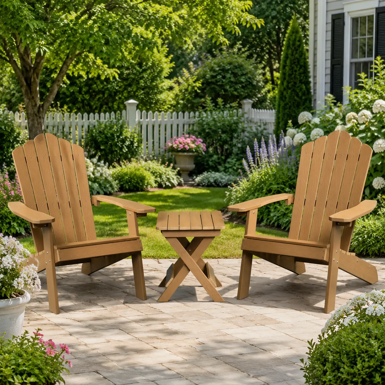 ALLWEX HDPE Plastic Adirondack Chair & Folding Side Table Set, Weather Resistant Wood Grain Patio Furniture Sets with Wide Arms for Backyard, Deck