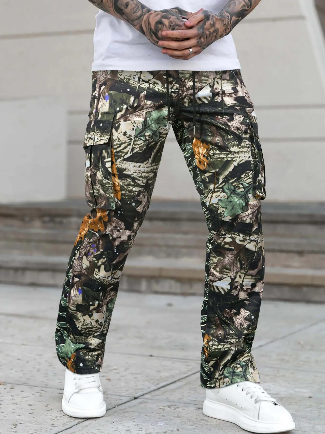 Unisex Regular Fit Camouflage Print Drawstring Waist Cargo Pants, Army Camo Pants, All Purpose Pants, Men's Street Fashion Casual Comfy Drawstring Pocket Trousers For Daily Wear, Fashion Men's Bottoms For All Seasons