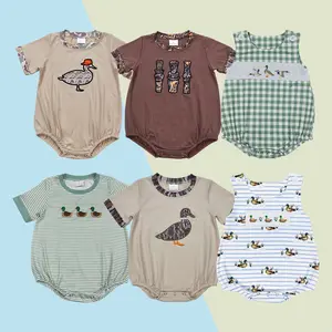 Spring Summer Adorable Baby Boys Sibling Clothing Hunting Season Embroidery Mallard Duck Camo Print Sleeveless Bubble Romper