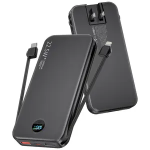 Ultra Slim 12000mAh Portable Power Bank with Built-in AC Plug, Dual Cables & Dual USB Outputs, 22.5W Super Fast Charging, LED Display, Charge 5 Devices Simultaneously